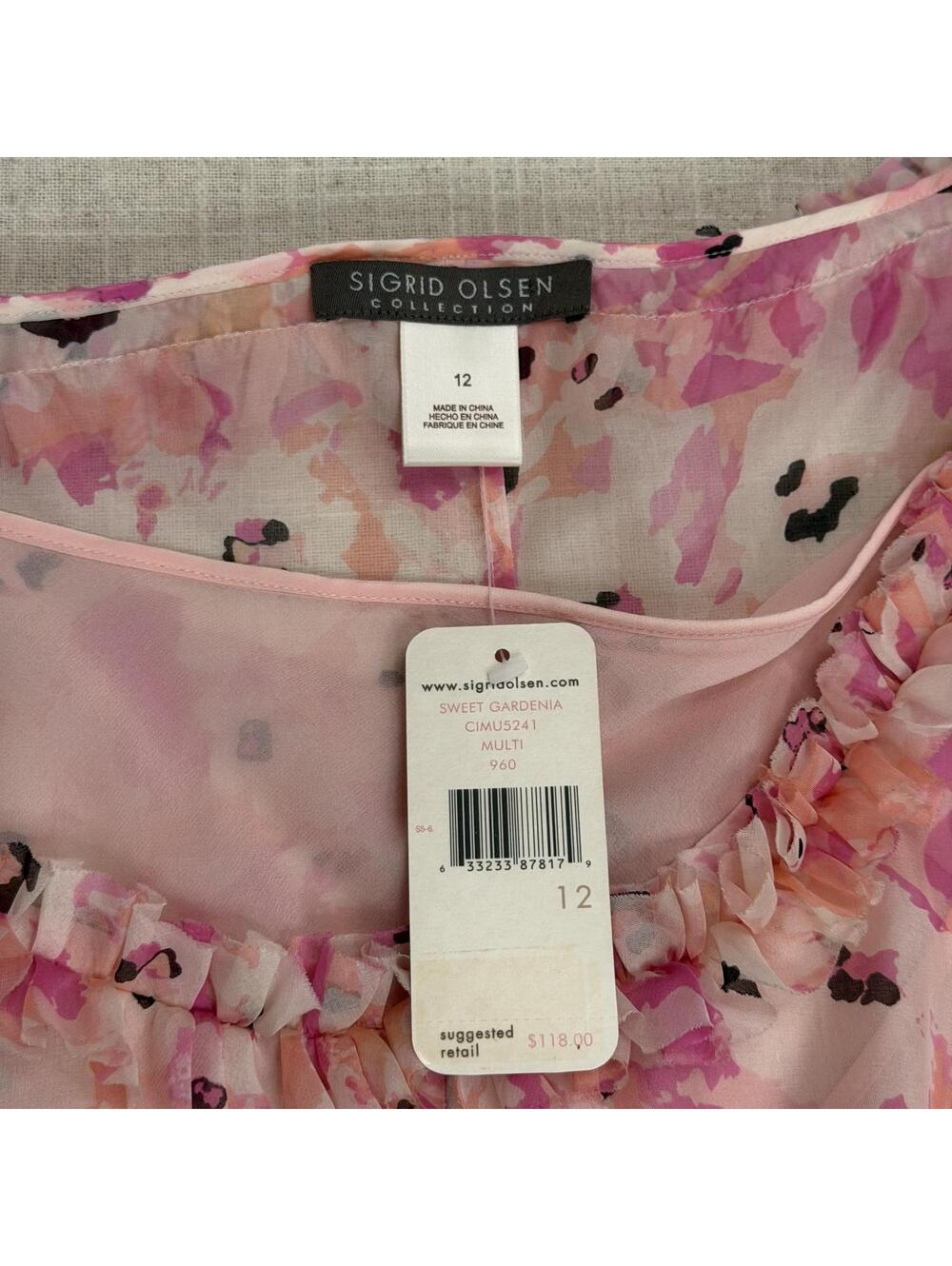 Sigrid Olsen Pink Floral Sleeveless Chiffon Blouse Top Women's Size 12 NWT - Picture 4 of 6